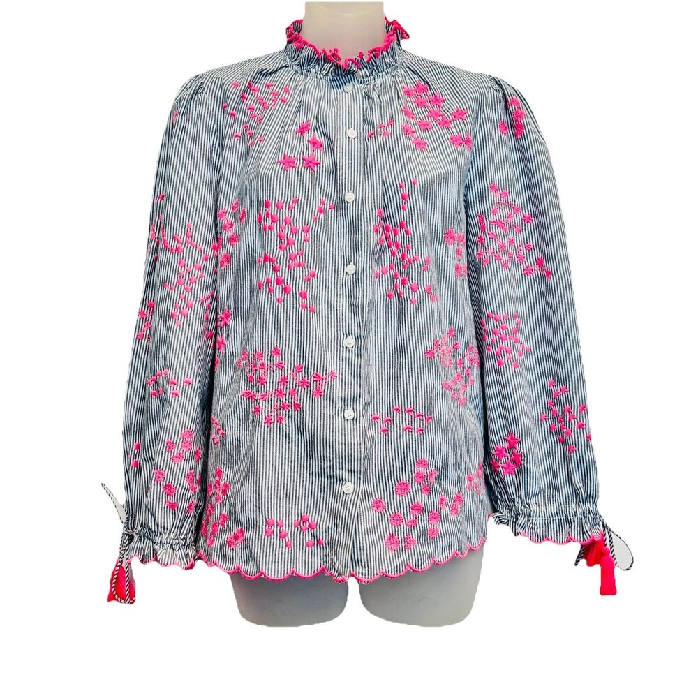 VILAGALLO Aurora embroidered Blouse in stripe pink embroidery Sz S Blue White - Picture 2 of 10
